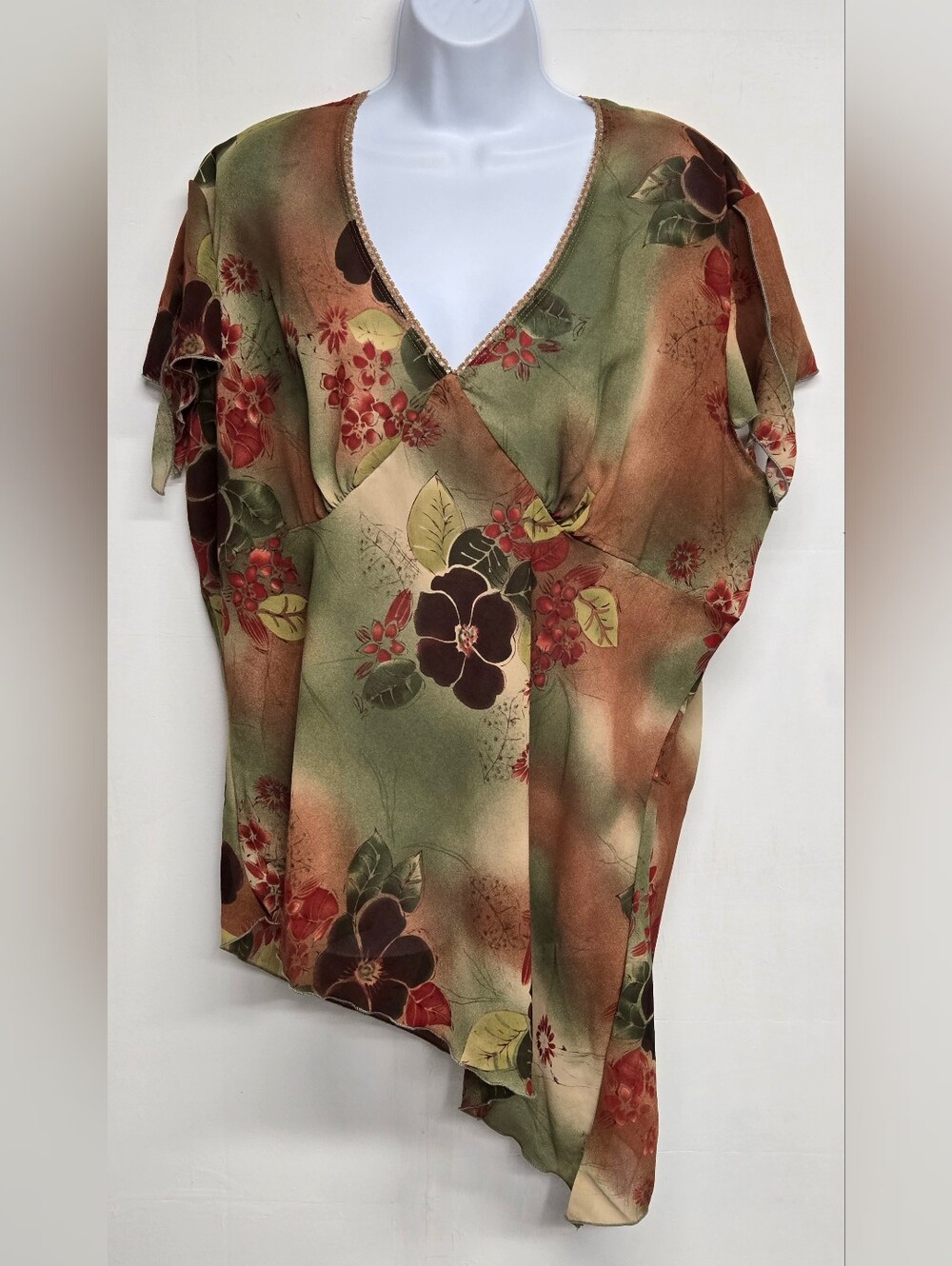 Rag 2X Top Semi Sheer Plunge V Neck Split Sleeve Tie Asymmetrical Lace Trim